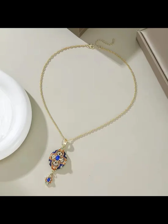 Gold-Tone Blue and Orange Enamel Pendant Necklace - Picture 6 of 6